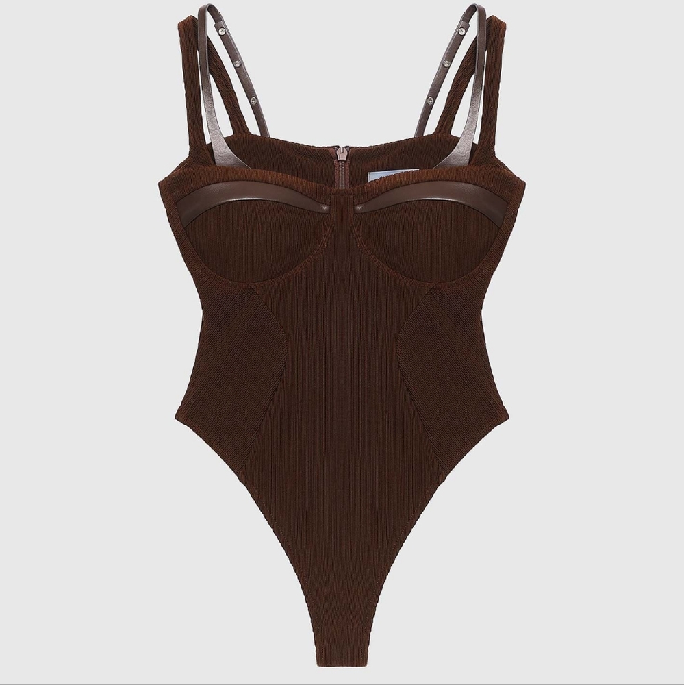 MANIÈRE DE VOIR TWIN STRAP RIBBED BODYSUIT - CHOCOLATE BROWN